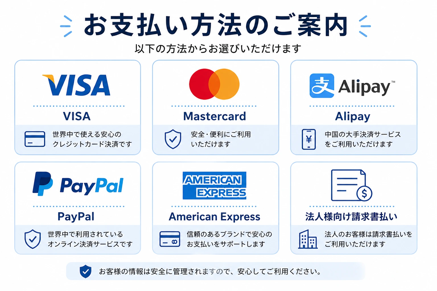 お支払い方法：VISA・Mastercard・Alipay・PayPal・American Express・法人向け請求書払い