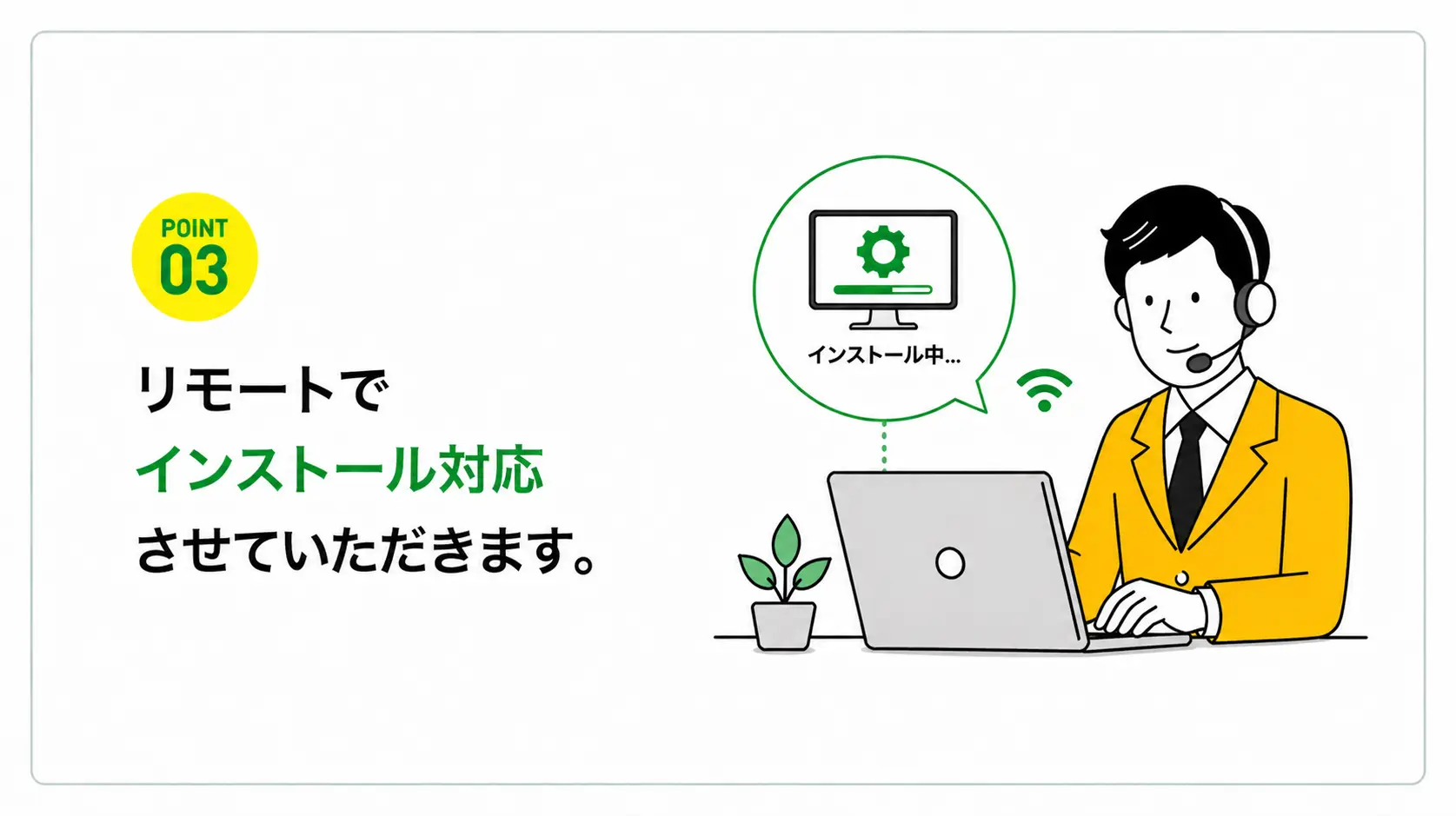 POINT 03：リモートでインストール対応させていただきます。